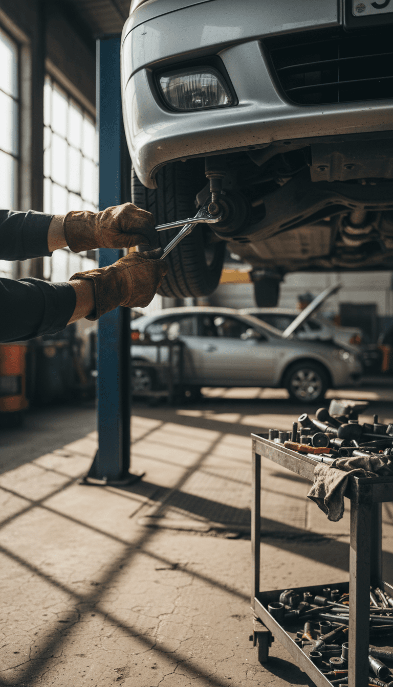 Mechaniker in der Werkstatt arbeitet am Fahrwerk eines Autos