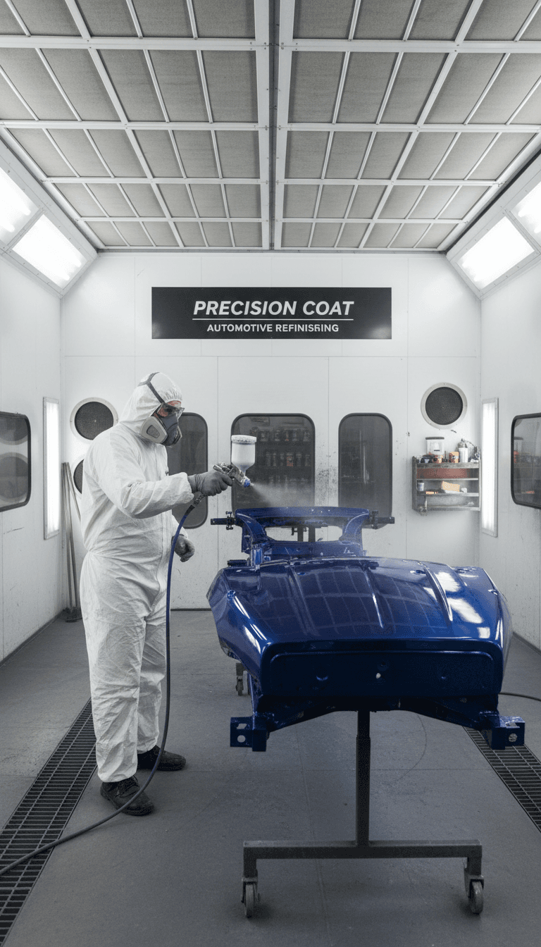 Technician performs 3D wheel alignment on a car in a professional auto garage.