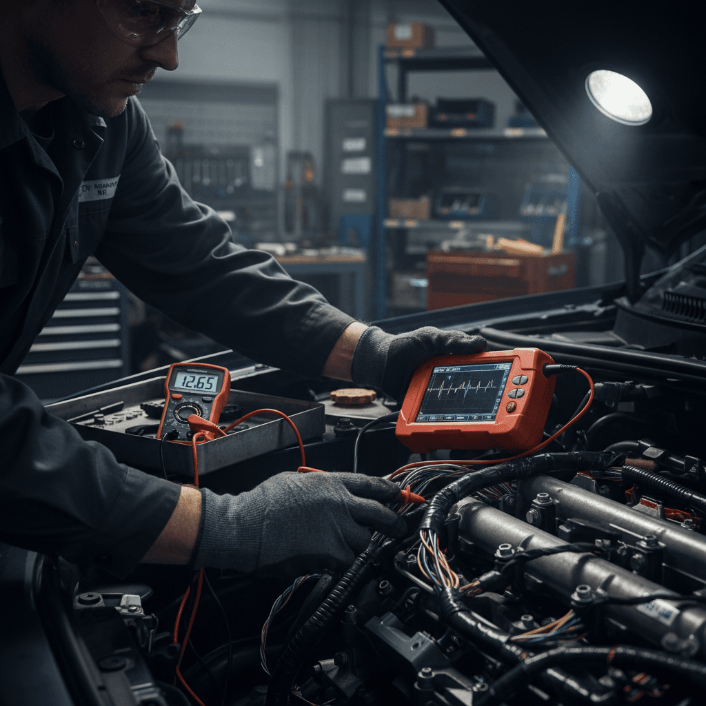 Mechanic's hands performing electrical diagnostics on vehicle engine using specialized diagnostic equipment and multimeter tools