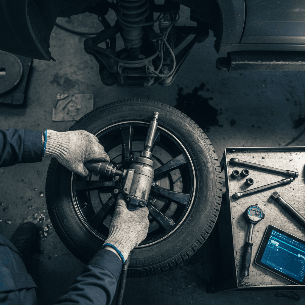 Mechanic's hands removing tire lug nuts with pneumatic wrench on lifted vehicle in professional workshop
