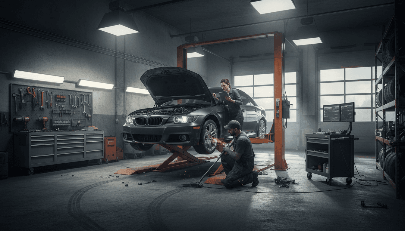 Team of mechanics servicing vehicle on hydraulic lift in bright professional automotive repair workshop