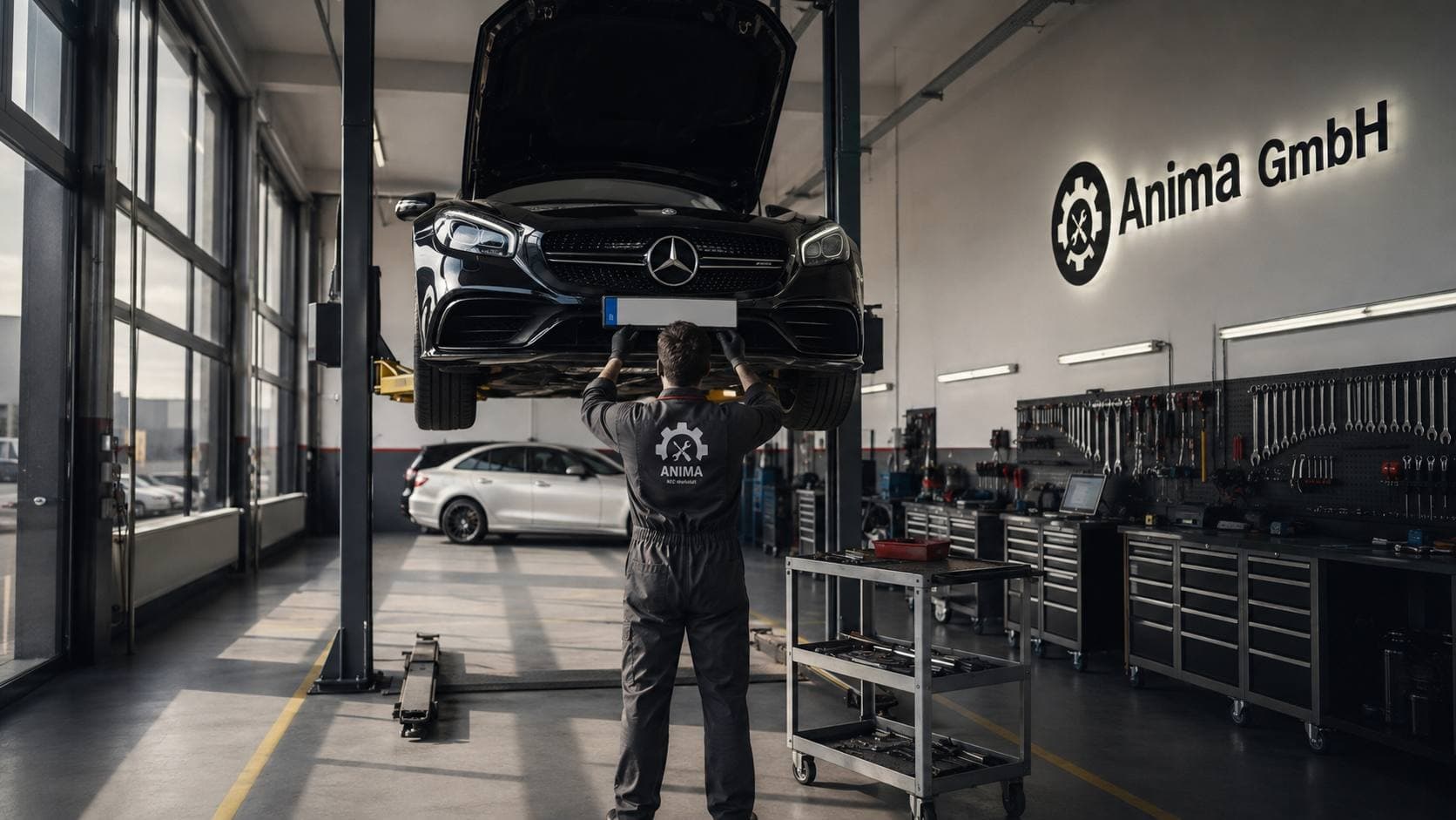 Mechaniker arbeitet an einem schwarzen Mercedes auf einer Hebebühne in der Anima GmbH Werkstatt.